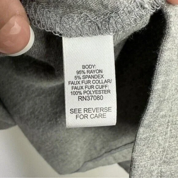 Cato Womens Size XL Gray Long Sleeve Top Off White Faux Fur Cowl Neck & Wrist - Picture 9 of 10